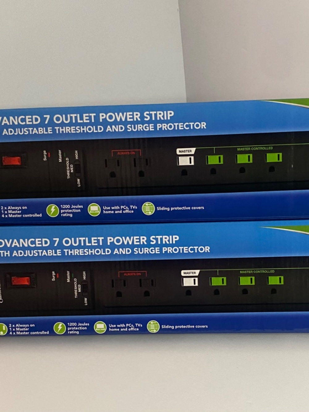 Lot Of 2 Sunbeam 7 Outlet Power Strip W/ Adjustable Threshold & Surge Protector